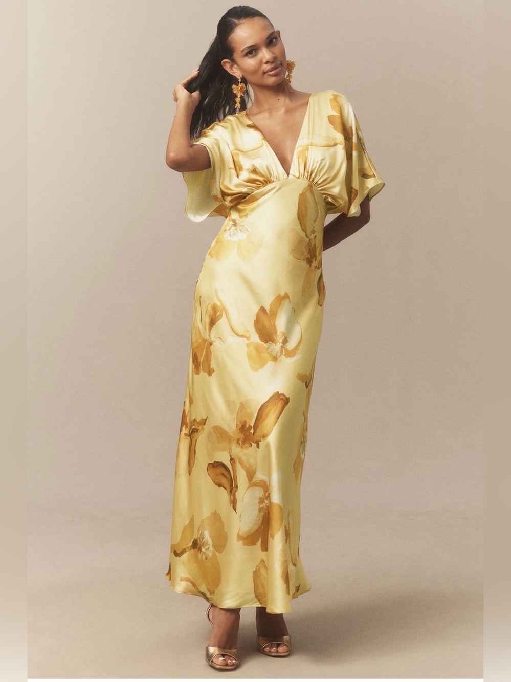 BHLDN Amelia Deep-V Flutter Sl Satin A Line Dress Golden Painted Floral XS FLAWS